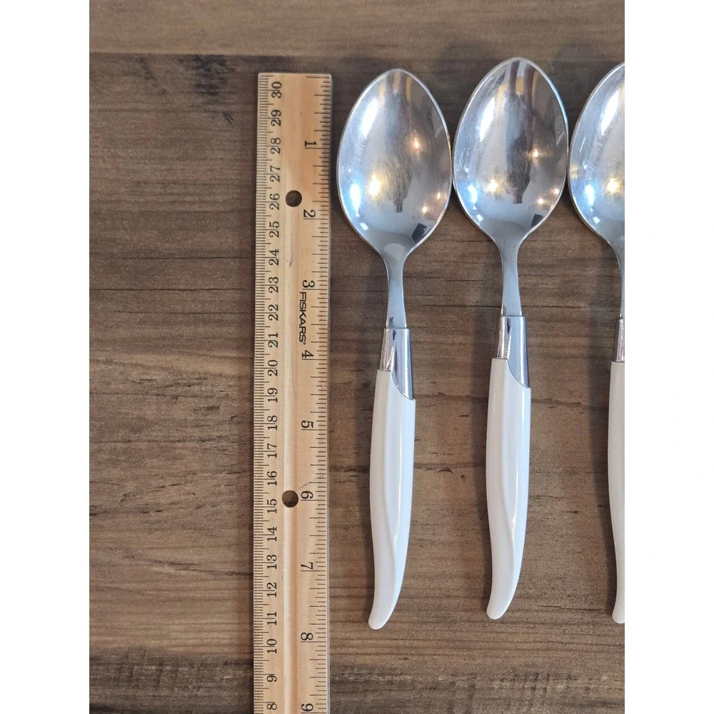 Vintage Robinson USA Stainless Steel Tablespoon Lot of 6 White Handle MCM Retro